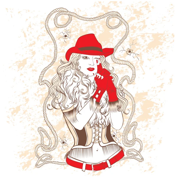 Cowgirl in a red hat and red gloves — Stok Vektör