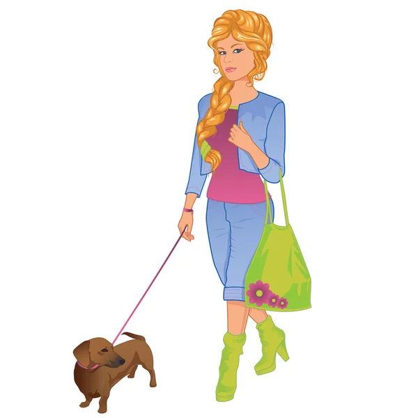Ragazza che cammina con il suo cane — Vettoriale Stock