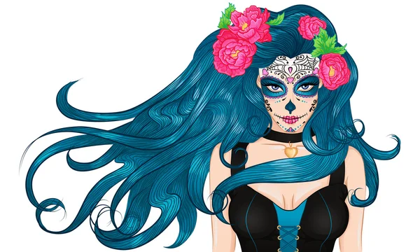Мексиканские сахарных черепа макияж длинные волосы девушка — стоковый вектор