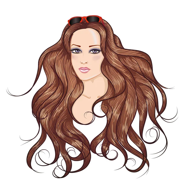 Visage brunette cheveux longs fille en lunettes de soleil — Image vectorielle