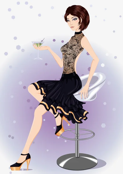 Chica en un vestido de noche negro con un vaso — Vector de stock