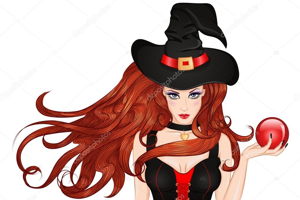 Young witch in a hat with a magic ball in hand
