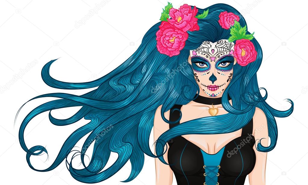 Mexican Sugar Skull makeup long hair Girl