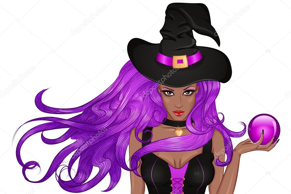 Young african american witch in a hat with a magic ball in hand