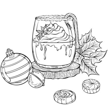 Noel ya da yeni yıl kompozisyonu, eggnog, kutsal yapraklar, ağaç topu. Tebrik kartı, poster, tatil tasarımı için. Elle çizilmiş taslak biçiminde vektör illüstrasyonu. Çizgi sanatı yazdırmak için beyaza izole edildi