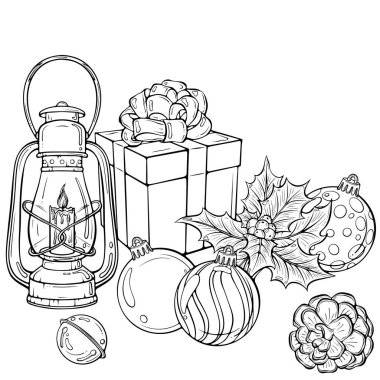 Festive Christmas or New Year composition with gift box, tree balls, holly leaves, candle lantern. For holiday card, poster. Vector illustration in hand drawn sketch style. Line art isolated on white