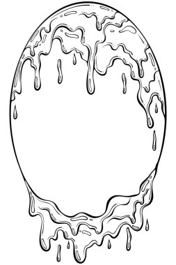 Soyut oval erimiş çerçeve. Damlayan sıvı, balçık. Cadılar Bayramı gerçeküstü korku tarzı. Çikolata ya da görsel efekt. Elle çizilmiş robot resim çiziminde vektör illüstrasyonu. Çizgi sanatı beyazda izole