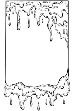 Soyut dikdörtgen erimiş çerçeve. Damlayan sıvı, balçık. Cadılar Bayramı gerçeküstü korku tarzı. Çikolata ya da boya tasarımı. Elle çizilmiş robot resim çiziminde vektör illüstrasyonu. Çizgi sanatı beyazda izole