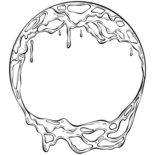 Soyut yuvarlak erimiş çerçeve. Erimiş peynir, esnek balçık ya da kalın boya. Cadılar Bayramı gerçeküstü korku tarzı. Elle çizilmiş robot resim çiziminde vektör illüstrasyonu. Çizgi sanatı beyazda izole