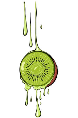 Yarım kivi dilimi ve meyve suyu. Egzotik meyve. Sağlıklı yiyecekler, antioksidanlar. Yazdırma, etiketleme ve menü tasarımı için beyaz üzerine izole edilmiş el çizimi biçimi ile basit vektör renk çizimi