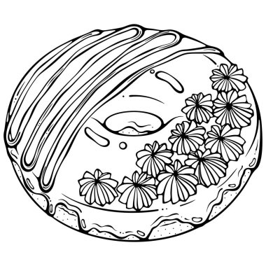 Jöleli gurme çörek, çikolata soslu ve kremalı. Moda Amerikan tarzı hamur işi, fırın markası. Elle çizilmiş taslak biçiminde vektör illüstrasyonu. Çizgi sanatı yazdırmak için beyaza izole edildi