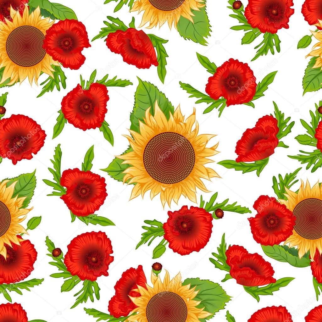 Seamless pattern sunflowers and poppies