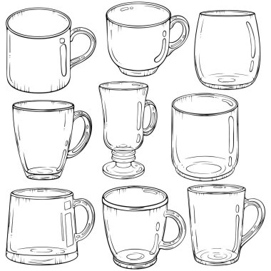 Boş bardak ve bardaklar. Evrensel içecek kapları. Çay, kahve ve diğer sıcak içecekler için kupalar. Elle çizilmiş vektör çizimi çizim stili. Çizgi sanatı yazdırmak için beyaza izole edildi
