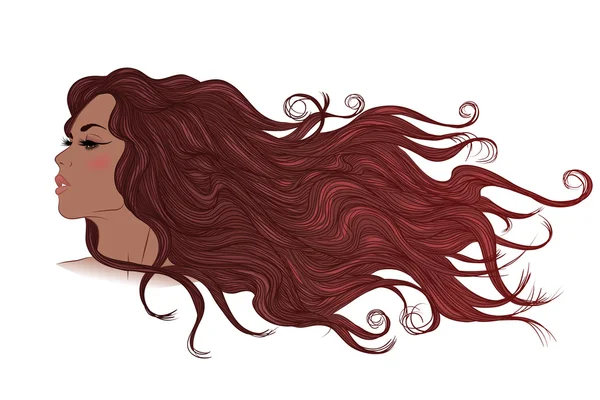 Perfil de muchacha afroamericana con cabello castaño largo que fluye — Vector de stock