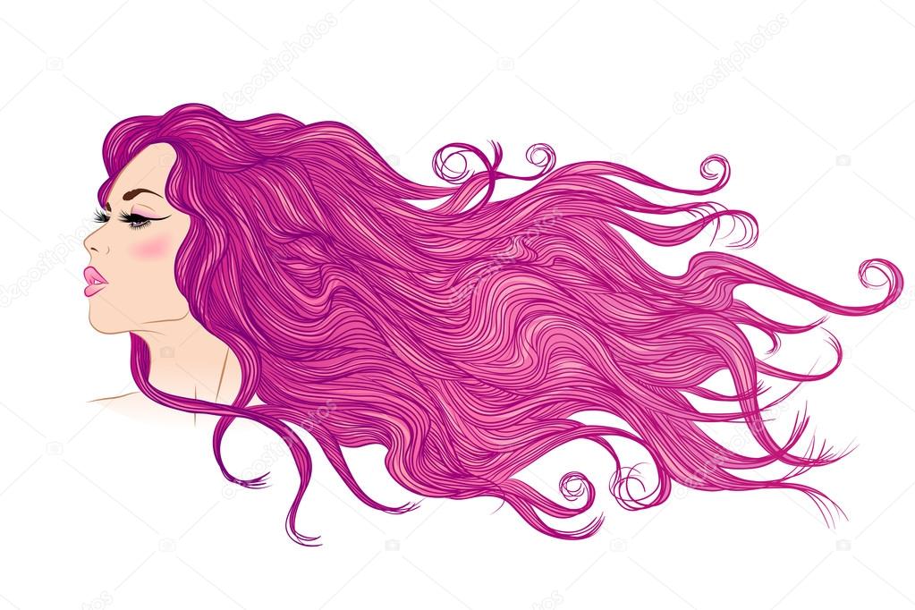 Profile of a girl with long flowing purple hair