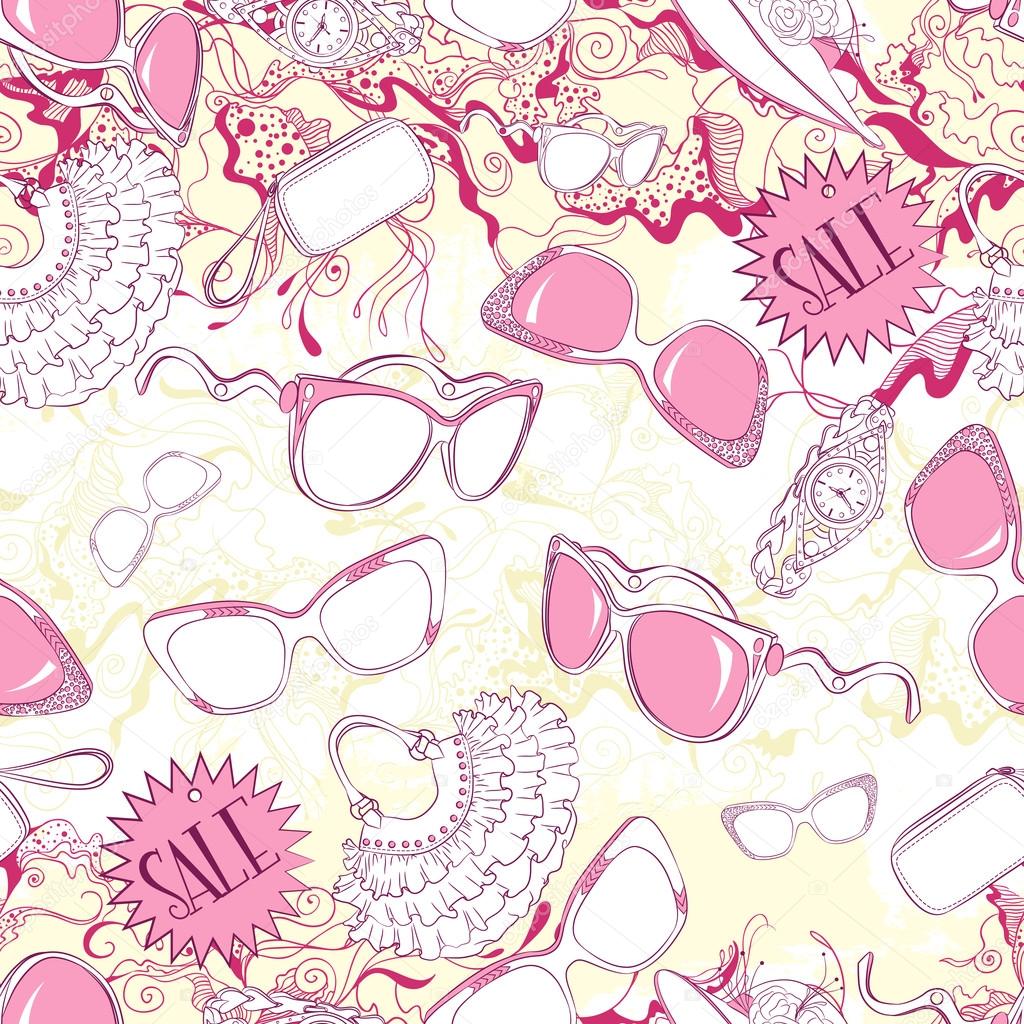 Seamless pattern with women sunglasses and fashion accessories