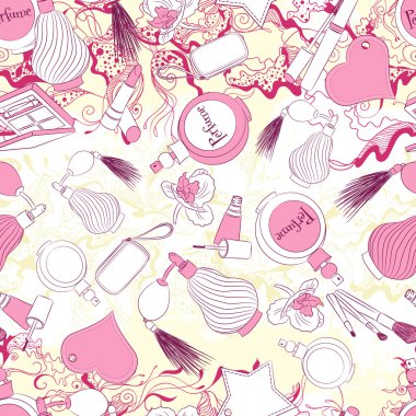 Seamless pattern with perfumes and fashion accessories