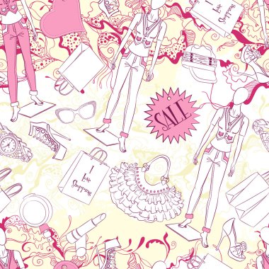 Seamless pattern with mannequin and fashion accessories