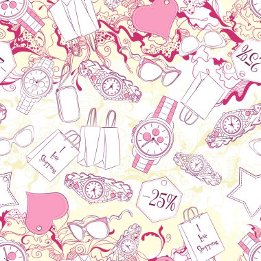 Seamless pattern with wrist watches and fashion accessories