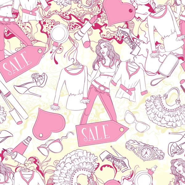 Seamless pattern with pondered woman and fashion accessories — 图库矢量图片