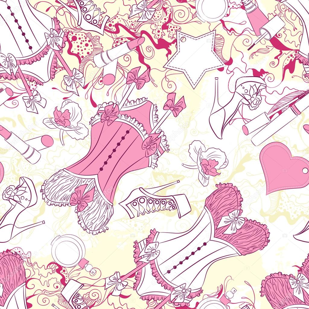 Seamless pattern with corset underwear and fashion accessories