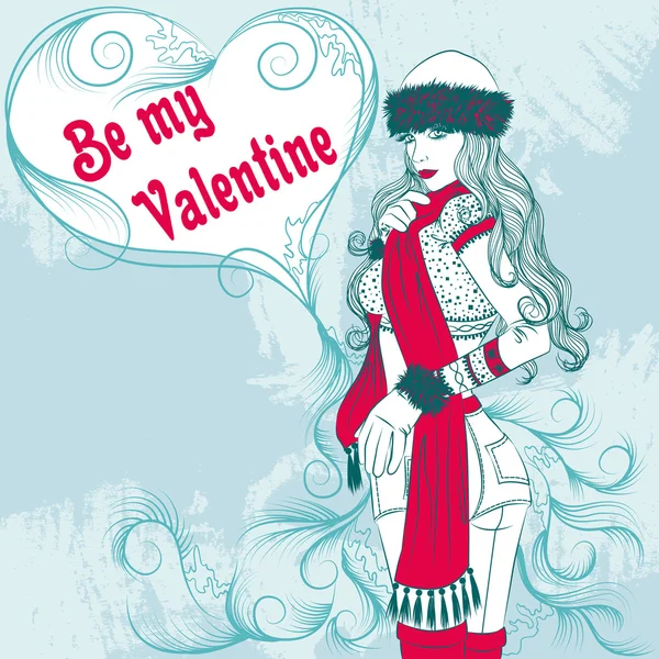 Menina de inverno sexy com um coração decorativo valentine — Vetor de Stock