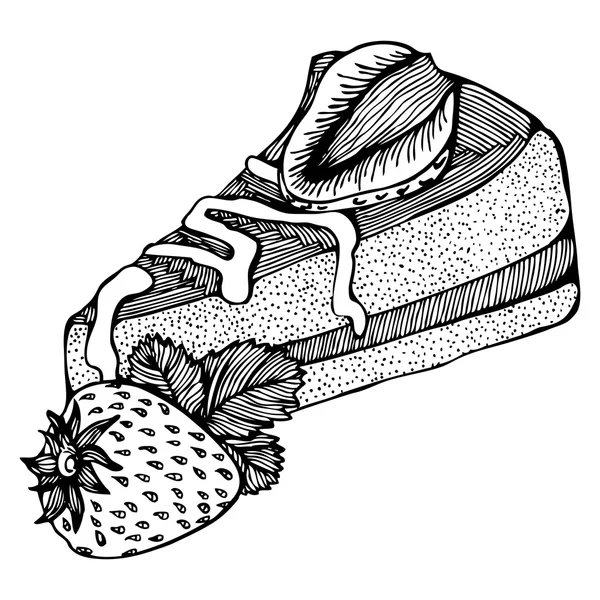 Morceau de gâteau aux fraises dessin monochrome — Image vectorielle