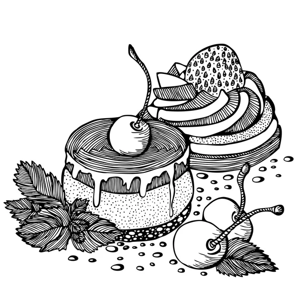 蛋糕与樱桃和草莓的大纲 — 图库矢量图片