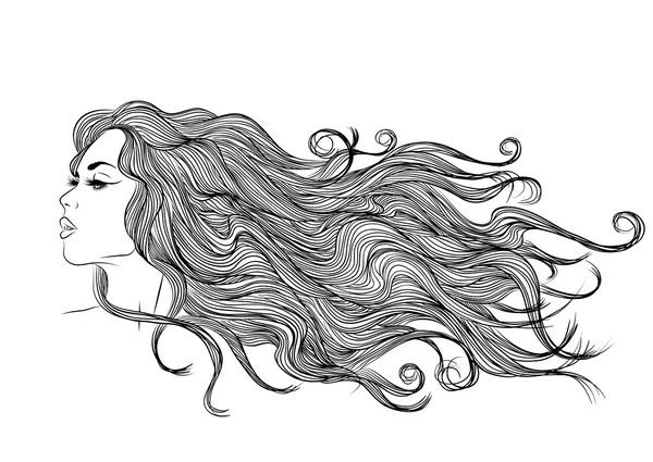 Long cheveux fille profil monochrome dessin en lignes — Image vectorielle