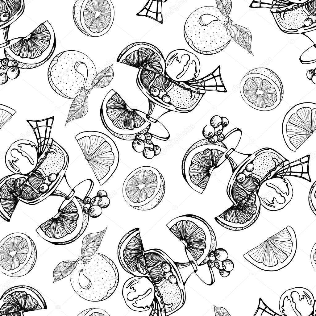 Seamless monochrome pattern with ice cream with oranges and berries