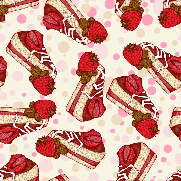 Seamless pattern with pieces of cake with strawberries — Stock Vector