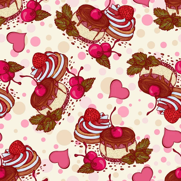 Seamless pattern with cakes with cherries strawberries — Stock Vector