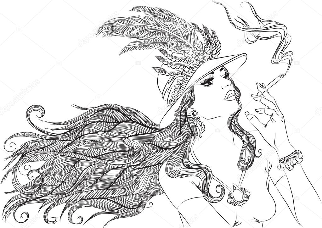 Retro girl in hat with feathers smoking cigarette outline