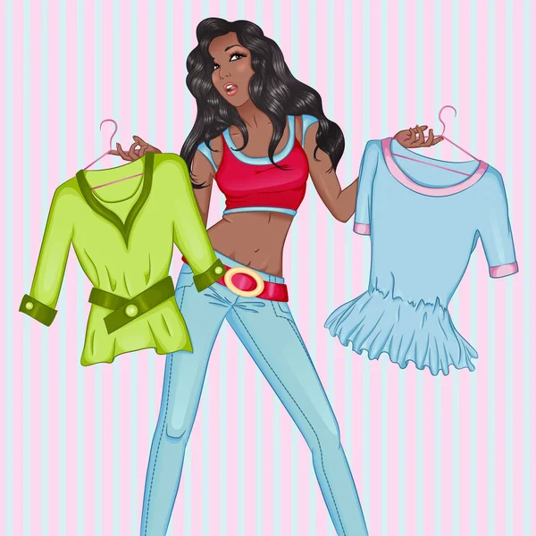 Ilustración de moda de mujer africana ponderada con ropa — Vector de stock