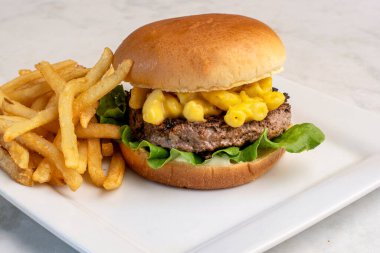  Hamburg ekmeğinde kızarmış patatesle servis edilen peynirli makarna ile hamburger üstü.