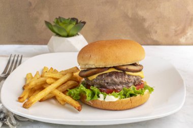 cheese burger  with lettuce and tomatoes  served with french fries