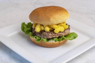  hamburger top with macaroni and cheese served on hamburg bun