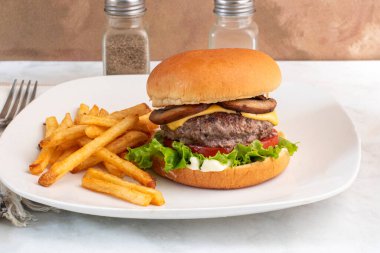 cheese burger  with lettuce and tomatoes  served with french fries