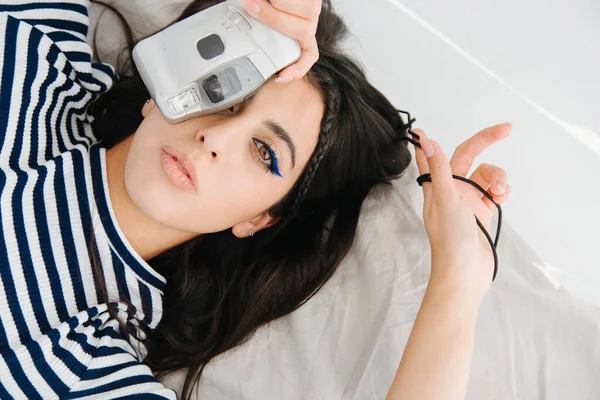 Top View Pretty Armenian Woman Lying Taking Picture Digital Camera — Stock Photo, Image