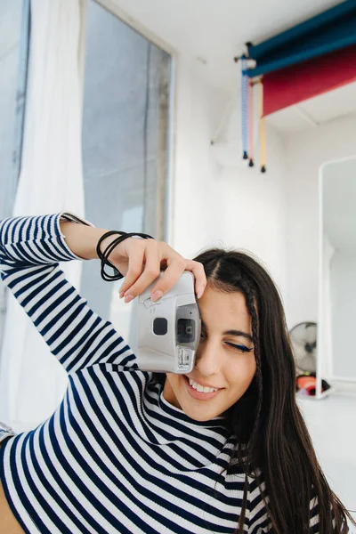 Smiling Armenian Woman Striped Pullover Taking Photo Digital Camera — Stock Photo, Image