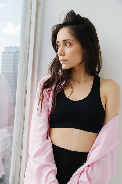 Dreamy Armenian Woman Black Top White Shirt Looking Away Window — Stock Photo, Image