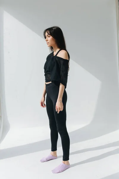 Full Length View Armenian Woman Black Sportswear Standing White Wall — Stock Photo, Image
