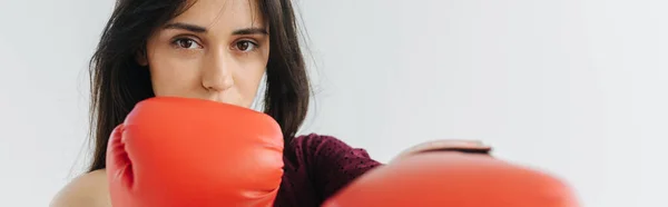 Армянская женщина в красных боксёрских перчатках смотрит в камеру на белом, баннер — стоковое фото