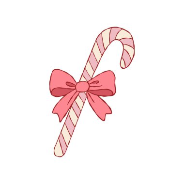 Yumuşak pembe tonlarda kırmızı kurdeleli çizgili şeker kamışı. Bayram modelleri, kartlar ya da ambalajlar için harika bir şenlik ayrıntısı.