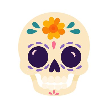Alnında parlak turuncu kadife çiçeği olan dekoratif şeker kafatasının düz vektör çizimi. Dia de los Muertos, Meksika tatilleri ve temalı dekorasyonlar için mükemmel..
