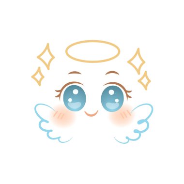 Adorable anime-style angel emoticon with shining eyes, halo, wings and sparkles. Ideal for stickers, kids designs and kawaii graphics.