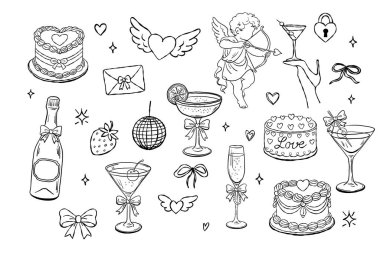 Pastalar, kokteyller, aşk tanrısı, kalpler ve eller de dahil olmak üzere tuhaf seks öğeleri koleksiyonu. Romantik tasarım projeleri için mükemmel..