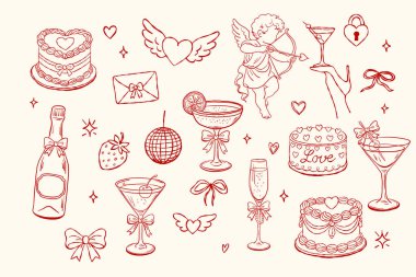 Pastalar, aşk tanrısı, kokteyller, çilekler, kalpler ve daha fazlası dahil olmak üzere tuhaf ikonlar koleksiyonu. Sevgililer Günü veya parti tasarımı için harika.