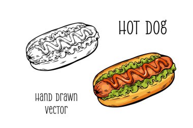Renk ve tek renkli çizgi sanatı ile hot dog illüstrasyonu, besin paketleme, menü tasarımı veya renk kullanımı için el çizimi.