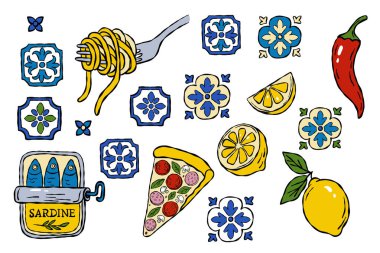 Makarna, limon, sardalya, pizza dilimi, kırmızı biber ve Akdeniz seramik dekorasyonlu el yapımı İtalyan yemekleri..